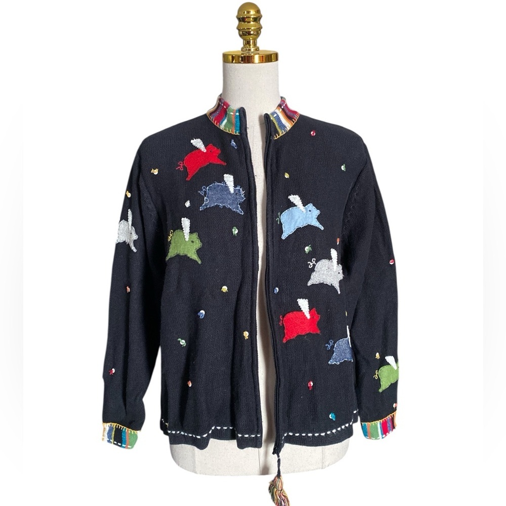 Susan Bristol "When Pigs Fly" Vintage Black Embroidered Full-Zip Cardigan Large - Picture 4 of 7